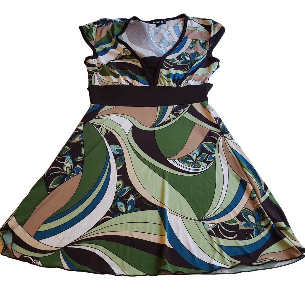 A.Byers Midi Dress Small Tunic Shirt Green Brown Tan Summer Casual
